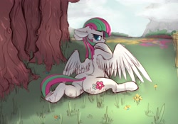 Size: 4096x2875 | Tagged: safe, artist:yoditax, character:blossomforth, species:pegasus, species:pony, g4, butt, cutie mark, female, floppy ears, flower, frog (hoof), grass, hooves, human shoulders, humanoid torso, looking back, mare, mountain, solo, splits, spread wings, tail, that pony sure is flexible, tree, underhoof, wings