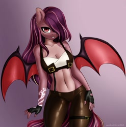 Size: 1972x2000 | Tagged: safe, alternate version, artist:yutakira92, oc, oc only, species:anthro, species:bat pony, species:pony, g4, belly, belly button, body painting, bra, breasts, cleavage, clothing, female, fingerless gloves, gloves, hair over one eye, looking at you, mare, pants, smiling, solo, spread wings, underwear, wings, ych result