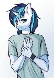 Size: 1396x2000 | Tagged: safe, artist:yutakira92, character:shining armor, species:anthro, species:pony, species:unicorn, g4, bracelet, clothing, jewelry, looking at you, male, shirt, simple background, solo, stallion, t-shirt, white background, wristband