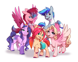 Size: 1598x1270 | Tagged: safe, artist:28gooddays, character:hitch trailblazer, character:izzy moonbow, character:pipp petals, character:sunny starscout, character:zipp storm, species:earth pony, species:pegasus, species:pony, species:unicorn, g5, alternate design, alternate hairstyle, bag, blaze (coat marking), coat markings, colored eyebrows, colored hooves, colored wings, eyebrows, female, gradient hair, hooves, looking at you, male, mane g5, mare, multicolored hair, multicolored wings, open mouth, open smile, pipp wings, profile, raised hoof, rearing, satchel, simple background, smiling, socks (coat marking), spread wings, stallion, three quarter view, two toned wings, unshorn fetlocks, white background, wings