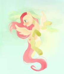 Size: 3000x3492 | Tagged: safe, artist:sagit00tarius, character:fluttershy, species:pegasus, species:pony, g4, abstract background, blushing, choker, clothing, cute, digital art, digital painting, female, flying, head turned, high res, jewelry, looking away, mare, necklace, open mouth, open smile, profile, shyabetes, smiling, socks, solo, spread wings, wings