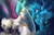 Size: 4038x2600 | Tagged: safe, artist:auroriia, character:nightmare moon, character:princess celestia, character:princess luna, species:alicorn, species:pony, g4, armor, butt, clothing, crown, cutie mark, duo, duo female, featureless crotch, female, females only, helmet, hoof shoes, horn, jewelry, magic, regalia, shield, shoes, spread wings, sunbutt, wings