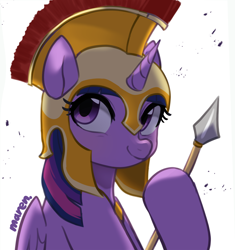Size: 1606x1710 | Tagged: safe, artist:maren, character:twilight sparkle, character:twilight sparkle (alicorn), species:alicorn, species:pony, episode:scare master, g4, my little pony: friendship is magic, armor, athena sparkle, clothing, costume, female, halloween, helmet, holiday, hoof hold, mare, nightmare night, nightmare night costume, raised hoof, shiny, signature, simple background, skirt, smiling, soldier, solo, spear, three quarter view, weapon, white background, wings