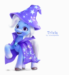 Size: 1168x1260 | Tagged: safe, artist:annaxeptable, edit, edited screencap, screencap, character:trixie, species:pony, species:unicorn, g4, g5, my little pony: a new generation, brooch, cape, clothing, cute, diatrixes, fan made, female, g4 to g5, g5 movie accurate, generation leap, hat, jewelry, looking at you, mare, open mouth, open smile, raised hoof, simple background, smiling, solo, stars, text, trixie's brooch, trixie's cape, trixie's hat, unshorn fetlocks, white background, wizard hat
