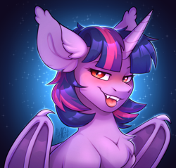 Size: 1200x1149 | Tagged: safe, artist:argigen, rcf community, character:twilight sparkle, species:bat pony, species:pony, species:unicorn, g4, bat ponified, bat wings, blushing, bust, chest fluff, ear fluff, eyebrows, fangs, female, gradient background, looking at you, mare, race swap, red eyes, sharp teeth, signature, slit eyes, solo, tongue out, twibat, wings