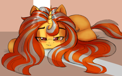 Size: 1630x1019 | Tagged: safe, artist:ahobobo, oc, oc only, oc:cinderheart, species:pony, species:unicorn, g4, bed, bedroom eyes, blushing, eyebrows, female, lidded eyes, long hair, long mane, looking at you, lying down, mare, missing cutie mark, solo, sunlight