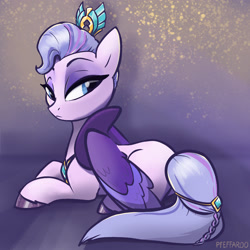 Size: 2048x2048 | Tagged: safe, artist:pfeffaroo, character:queen haven, species:pegasus, species:pony, g5, crown, eyeshadow, female, folded wings, frown, jewelry, looking back, makeup, mare, pegasus crystal, regalia, solo, tail, wings