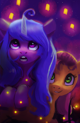 Size: 1500x2312 | Tagged: safe, artist:hierozaki, character:izzy moonbow, character:sunny starscout, species:earth pony, species:pony, species:unicorn, g5, colored hooves, duo, duo female, female, firefly, gradient hair, hooves, mare, multicolored hair, night, open mouth