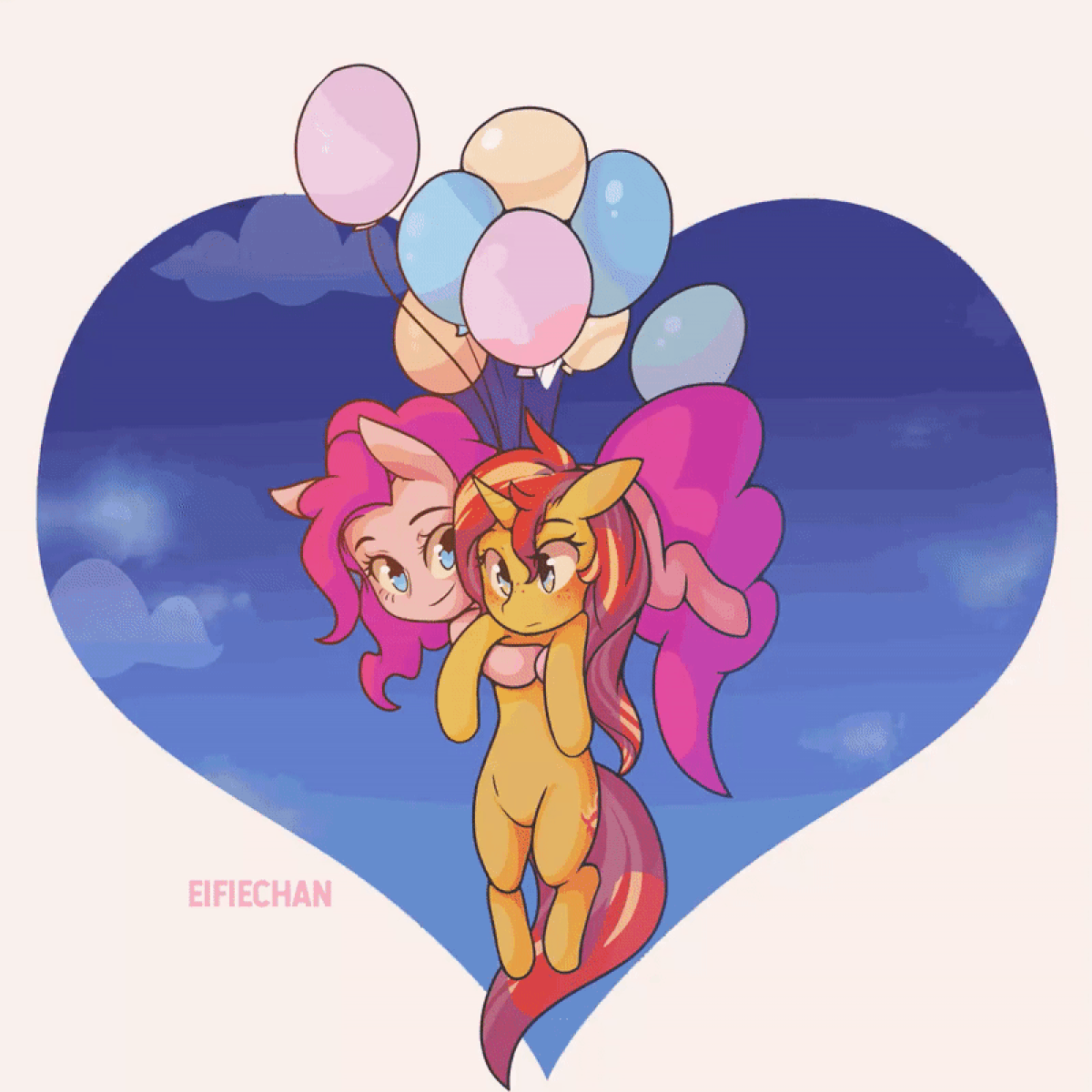 Size: 1200x1200 | Tagged: safe, artist:eifiechan, character:pinkie pie, character:sunset shimmer, species:earth pony, species:pony, species:unicorn, ponytober, ship:sunsetpie, g4, my little pony:equestria girls, animated, balloon, blushing, cloud, duo, female, floating, floppy ears, freckles, gif, heart, heart shaped, holding, lesbian, mare, party balloon, peppered bacon, shipping, signature, sky, smiling, then watch her balloons lift her up to the sky
