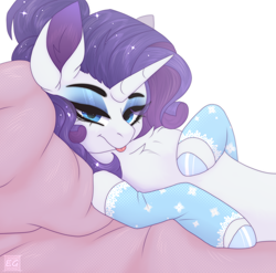 Size: 2088x2060 | Tagged: safe, artist:elektra-gertly, character:rarity, species:pony, species:unicorn, g4, blep, chest fluff, clothing, ear fluff, eye clipping through hair, eyebrows, eyeshadow, female, looking at you, lying down, makeup, mare, socks, solo, stockings, thigh highs, tongue out