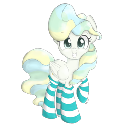 Size: 1400x1400 | Tagged: safe, artist:bojo, character:vapor trail, species:pegasus, species:pony, g4, clothing, cute, female, folded wings, happy, looking at you, mare, raised hoof, simple background, smiling, socks, solo, stockings, thigh highs, transparent background, vaporbetes, wings