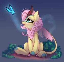 Size: 1246x1216 | Tagged: safe, artist:taneysha, character:fluttershy, species:kirin, g4, blush sticker, blushing, butterfly, colored hooves, cute, female, gradient background, hooves, kirin fluttershy, kirin-ified, open mouth, open smile, profile, shyabetes, sitting, smiling, solo, species swap, underhoof