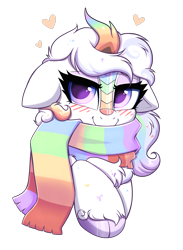 Size: 2715x3702 | Tagged: safe, artist:confetticakez, oc, oc:cloudy canvas, species:kirin, manebooru, g4, blushing, clothing, cloven hooves, colored hooves, cute, female, floppy ears, heart, hooves, kirin oc, looking at you, non-pony oc, scarf, solo, transparent background, unshorn fetlocks