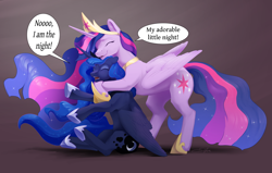 Size: 5097x3240 | Tagged: safe, artist:silfoe, character:princess luna, character:twilight sparkle, character:twilight sparkle (alicorn), species:alicorn, species:pony, ship:twiluna, episode:the last problem, g4, my little pony: friendship is magic, clothing, commission, commissioner:reversalmushroom, crown, cutie mark, dialogue, duo, duo female, ethereal mane, eyes closed, female, females only, galaxy mane, hoof shoes, i am the night, jewelry, lesbian, necklace, older, older twilight, peytral, princess twilight 2.0, regalia, role reversal, shipping, shoes, simple background, size difference, snuggling, text, wings