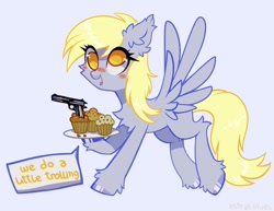 Size: 1280x990 | Tagged: safe, artist:astralblues, character:derpy hooves, species:pegasus, species:pony, g4, blushing, cheek fluff, chest fluff, cupcake, cute, derpabetes, dialogue, ear fluff, female, fluffy, food, gun, mare, muffin, no pupils, open mouth, simple background, solo, speech bubble, text, trolling, weapon