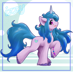 Size: 2000x2000 | Tagged: safe, artist:ragurimo, character:izzy moonbow, species:pony, species:unicorn, g5, my little pony: a new generation, abstract background, bracelet, colored eyebrows, colored hooves, colored pupils, eyebrows, female, gradient hair, high res, hooves, jewelry, looking at you, mare, multicolored hair, open mouth, open smile, profile, raised hoof, smiling, smiling at you, solo, standing on two hooves, unshorn fetlocks