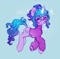 Size: 3174x3126 | Tagged: safe, artist:myscherri, character:izzy moonbow, species:pony, species:unicorn, g5, my little pony: a new generation, alternate hairstyle, blue background, clothing, cute, female, glasses, glowing horn, gradient hair, horn, izzybetes, jewelry, looking at you, magic, mare, multicolored hair, necklace, signature, simple background, solo, sparkles, sweater, three quarter view, underhoof
