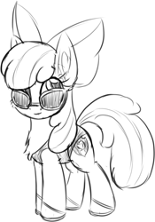 Size: 564x804 | Tagged: safe, artist:litrojia, character:apple bloom, species:earth pony, species:pony, g4, apple family member, chest fluff, clothing, female, filly, glasses, grayscale, looking at you, monochrome, one-piece swimsuit, sandals, shoes, simple background, sketch, smiling, smiling at you, solo, sunglasses, swimsuit, white background, young