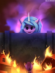 Size: 1617x2160 | Tagged: safe, artist:delta hronum, character:izzy moonbow, character:sunny starscout, species:earth pony, species:pony, species:unicorn, g5, anime, attack on titan, eye clipping through hair, eyebrows, eyebrows visible through hair, female, fire, gradient hair, macro, mare, multicolored hair, open mouth, reference to another series