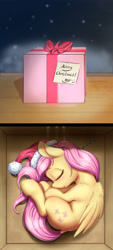 Size: 1417x3133 | Tagged: safe, artist:alcor, character:fluttershy, species:pegasus, species:pony, g4, :o, air holes, alcor is trying to murder us, box, cheek fluff, christmas, clothing, curled up, cute, daaaaaaaaaaaw, dock, ear fluff, eyes closed, female, folded wings, gift horse, hat, hnnng, holiday, leg fluff, mare, on side, open mouth, pony in a box, present, profile, santa hat, shoulder fluff, shyabetes, sleeping, smiley face, smiling, solo, underhoof, weapons-grade cute, wing fluff, wings, zzz