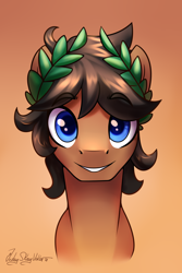 Size: 2000x3000 | Tagged: safe, artist:jedayskayvoker, oc, oc only, oc:laurel crown, species:earth pony, species:pony, bust, colored eyebrows, crown, eyebrows, eyebrows visible through hair, gradient background, icon, jewelry, looking at you, male, portrait, regalia, short hair, signature, smiley face, smiling, solo, stallion