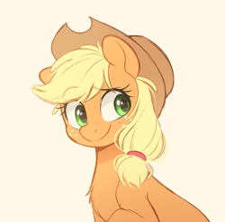 Size: 679x672 | Tagged: safe, artist:higgly-chan, character:applejack, species:earth pony, species:pony, g4, applejack's hat, bust, chest fluff, clothing, cowboy hat, cute, eyebrows, eyebrows visible through hair, female, freckles, hat, jackabetes, mare, raised hoof, simple background, smiling, solo, stetson, white background