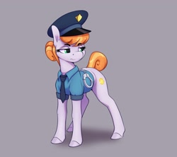 Size: 3080x2737 | Tagged: safe, artist:aquaticvibes, character:copper top, species:earth pony, species:pony, g4, bondage, clothing, colored hooves, cuffs, cutie mark, female, frown, gray background, hat, hooves, lidded eyes, mare, necktie, shirt, simple background, solo