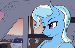 Size: 1727x1106 | Tagged: safe, artist:apocheck13, character:trixie, species:anthro, species:unicorn, g4, bra strap, bust, female, horn, implied cmc, lidded eyes, mare, rv, smiling, solo, sun, sunrise, three quarter view, wip