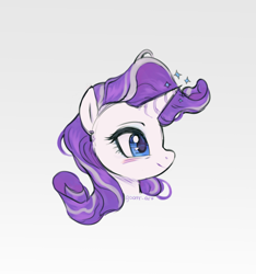 Size: 842x901 | Tagged: safe, artist:goatr, character:rarity, species:pony, species:unicorn, g4, blushing, bust, eyebrows, female, grey hair, mare, older, older rarity, portrait, profile, signature, simple background, smiling, solo, sparkles