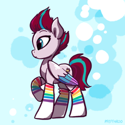 Size: 2048x2048 | Tagged: safe, artist:pfeffaroo, character:zipp storm, species:pegasus, species:pony, g5, abstract background, clothing, colored eyebrows, colored wings, eyebrows, female, frown, high res, mare, multicolored wings, profile, raised hoof, signature, socks, solo, standing, striped socks, wings
