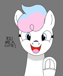 Size: 2802x3383 | Tagged: safe, artist:mr.naza, oc, oc:snowy swirl, species:pony, cute, dialogue, female, frog (hoof), gray background, happy, hooves, looking at you, mare, open mouth, raised hoof, simple background, smiling, solo, text, underhoof