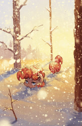 Size: 1000x1520 | Tagged: safe, artist:koviry, character:pinkie pie, species:earth pony, species:pony, g4, bare tree, female, forest, mare, scenery, snow, snowfall, solo, tree, winter
