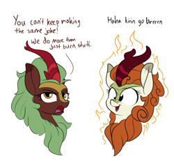 Size: 1300x1200 | Tagged: safe, artist:rocket-lawnchair, character:autumn blaze, character:cinder glow, character:summer flare, species:kirin, g4, annoyed, bust, cinder glow is not amused, dialogue, female, females only, haha money printer go brrr, looking at you, meme, nordic gamer, open mouth, open smile, simple background, smiling, text, white background