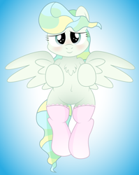 Size: 2786x3500 | Tagged: safe, artist:an-tonio, derpibooru original, character:vapor trail, species:pegasus, species:pony, g4, belly, belly button, blushing, chest fluff, clothing, featureless crotch, female, gradient background, lidded eyes, looking at you, mare, simple background, smiling, socks, solo, spread wings, stockings, thigh highs, wings
