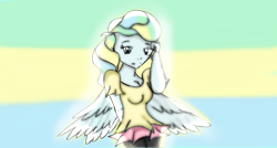 Size: 1536x821 | Tagged: dead source, safe, artist:toontownjoy, character:vapor trail, species:human, g4, backlighting, breasts, cleavage, clothing, female, humanized, looking at you, pantyhose, pony coloration, shirt, skirt, solo, species swap, spread wings, winged humanization, wings