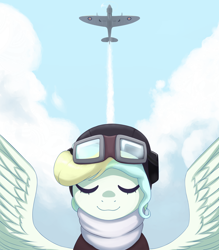 Size: 2000x2287 | Tagged: safe, artist:mrscroup, character:vapor trail, species:pegasus, species:pony, equestria at war mod, episode:top bolt, g4, my little pony: friendship is magic, air force, aircraft, aviator goggles, aviator hat, bomber jacket, clothing, eyes closed, female, goggles, hat, helmet, jacket, mare, scarf, smiling, solo, spread wings, supermarine spitfire, wings