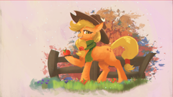 Size: 1920x1080 | Tagged: safe, artist:hierozaki, character:applejack, species:earth pony, species:pony, g4, apple, clothing, cute, female, fence, food, jackabetes, looking at you, mare, raised hoof, scarf, smiling, solo, three quarter view