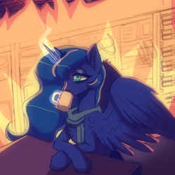 Size: 2048x2048 | Tagged: safe, artist:yumkandie, character:princess luna, species:alicorn, species:pony, g4, clothing, coffee, commission, drink, fireplace, scarf, sketch, solo