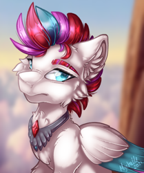 Size: 2550x3047 | Tagged: safe, artist:mychelle, character:zipp storm, species:pegasus, species:pony, g5, my little pony: a new generation, cheek fluff, chest fluff, colored eyebrows, colored pupils, colored wings, ear fluff, female, fluffy, high res, jewelry, looking at you, mare, multicolored wings, necklace, peytral, solo, three quarter view, wings