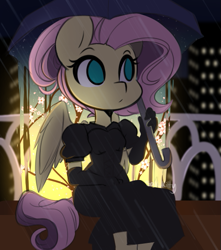 Size: 531x600 | Tagged: safe, artist:sakukitty, character:fluttershy, species:anthro, species:pegasus, g4, cherry tree, clothing, dress, female, gloves, mare, no pupils, rain, sitting, solo, tree, umbrella