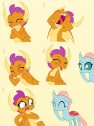 Size: 975x1300 | Tagged: safe, artist:queencold, character:ocellus, character:smolder, species:changeling, species:dragon, species:reformed changeling, g4, blushing, caught, commission, cute, diaocelles, dragoness, duo, duo female, embarrassed, eyes closed, female, giggling, hoof over mouth, open mouth, simple background, smolderbetes