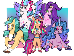 Size: 1280x979 | Tagged: safe, artist:scribblespark, character:hitch trailblazer, character:izzy moonbow, character:pipp petals, character:sunny starscout, character:zipp storm, species:earth pony, species:pegasus, species:pony, species:unicorn, g5, my little pony: a new generation, abstract background, bag, blaze (coat marking), bracelet, braid, circlet, coat markings, colored hooves, colored wings, cute, feathered fetlocks, female, flying, gradient background, gradient hair, hooves, hooves to the chest, horn, jewelry, looking at you, male, mane g5, mare, multicolored hair, multicolored wings, open mouth, open smile, pipp wings, rainbow power, raised hoof, satchel, smiling, socks (coat marking), spread wings, stallion, three quarter view, unshorn fetlocks, wings