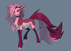 Size: 3233x2323 | Tagged: safe, artist:lambibelle, species:earth pony, species:pony, g4, chest fluff, choker, coat markings, colored hooves, eye clipping through hair, female, floppy ears, helluva boss, hooves, jewelry, looking at you, loona (helluva boss), mare, necklace, pale belly, ponified, simple background, solo, species swap, spiked choker, standing, unamused