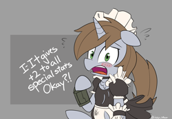 Size: 2550x1762 | Tagged: safe, artist:icey, oc, oc only, oc:littlepip, species:pony, species:unicorn, fallout equestria, g4, abstract background, blushing, chest fluff, clothing, crossover, denial, dialogue, eyebrows, fallout, female, floppy ears, looking at you, maid, mare, open mouth, pipbuck, raised hoof, signature, solo, text