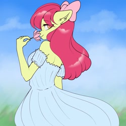 Size: 1000x1000 | Tagged: safe, artist:yutakira92, character:apple bloom, species:anthro, species:earth pony, g4, adorabloom, adorasexy, apple family member, backless, bare shoulders, bow, clothing, cloud, cute, dress, eye clipping through hair, eyebrows, eyebrows visible through hair, female, floppy ears, flower, hair bow, looking at you, looking back, looking back at you, mare, older, older apple bloom, profile, sexy, sky, smiling, solo, strapless