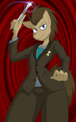 Size: 958x1536 | Tagged: safe, artist:lil miss jay, character:doctor whooves, character:time turner, species:anthro, species:earth pony, g4, crossover, doctor who, femboy, full service playing cards, male, solo, sonic screwdriver, stallion, tenth doctor, wide hips