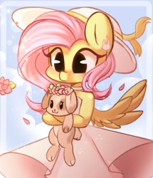 Size: 1624x1888 | Tagged: safe, artist:sakukitty, character:fluttershy, species:dog, species:pegasus, species:pony, g4, blushing, clothing, cute, dawwww, dress, ear piercing, earring, female, floral head wreath, flower, hat, jewelry, mare, petals, piercing, puppy, semi-anthro, shoulderless, shyabetes, solo, spread wings, strapless, wings