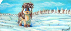 Size: 1200x528 | Tagged: safe, artist:sa1ntmax, oc, oc only, species:pony, g4, coat markings, cute, female, looking at you, mare, open mouth, open smile, signature, smiling, snow, snow mare, socks (coat marking), solo, traditional art, tree, yakutian horse