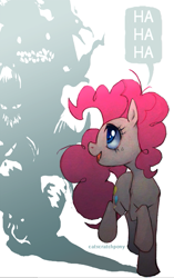 Size: 471x748 | Tagged: safe, artist:catscratchpony, character:pinkie pie, species:earth pony, species:pony, g4, dialogue, female, giggle at the ghosties, mare, open mouth, raised hoof, shadow, simple background, solo, white background