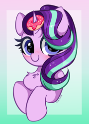 Size: 3314x4624 | Tagged: safe, artist:kittyrosie, character:starlight glimmer, species:pony, species:unicorn, g4, blushing, chest fluff, cute, donut, female, food, glimmerbetes, gradient background, heart eyes, high res, horn, horn impalement, looking at you, mare, signature, smiling, smiling at you, solo, wingding eyes